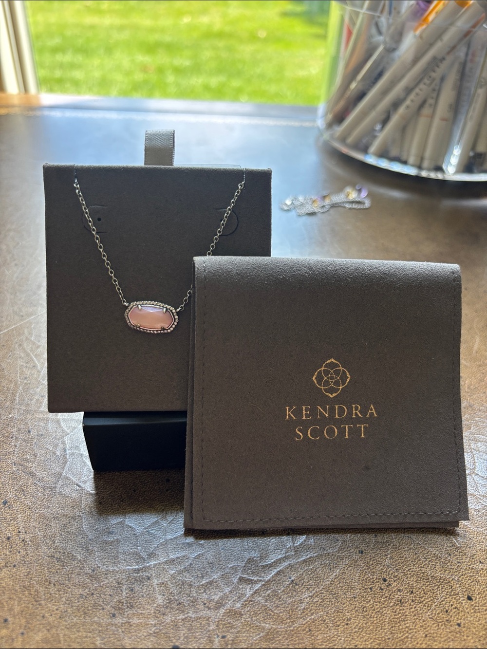 Kendra Scott Pave Elisa Silver Necklace with Light Pink Mother of Pearl Stone